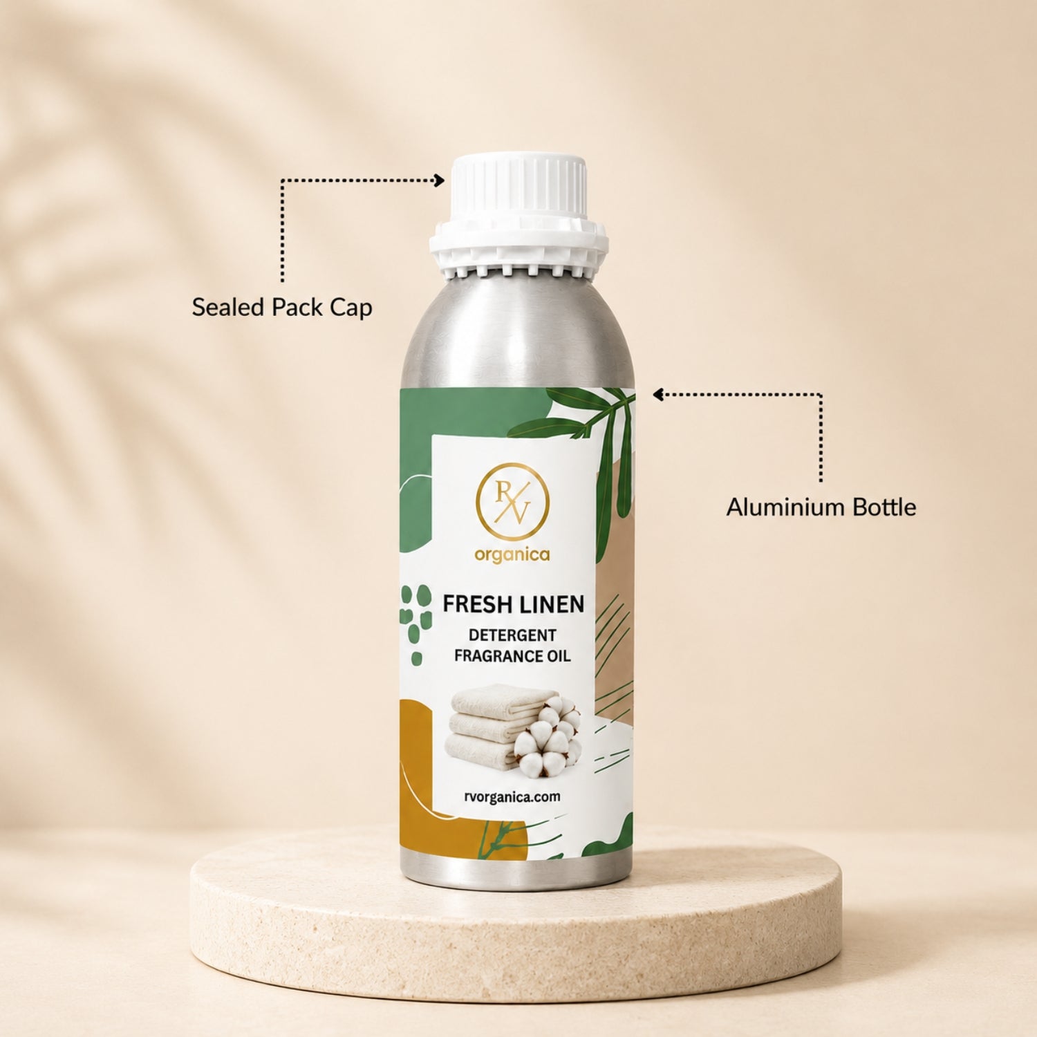 Sealed aluminium bottle of Fresh Linen Detergent Fragrance Oil with secure packaging, helping maintain freshness and premium fragrance quality.