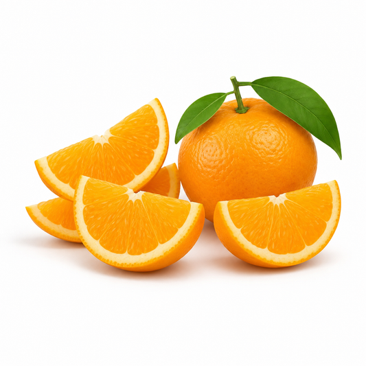 Fresh tangerine orange with juicy slices and green leaves on a white background