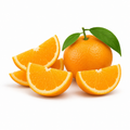 Fresh tangerine orange with juicy slices and green leaves on a white background