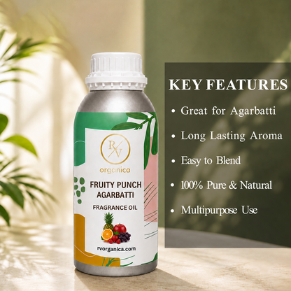 Fruit Punch Agarbatti Fragrance Oil in a premium aluminium bottle with quality certification icons, showcasing its long-lasting tropical fruity incense aroma, IFRA compliant formula, and multipurpose use for agarbatti, candles, soaps, perfumes, and home fragrance products.