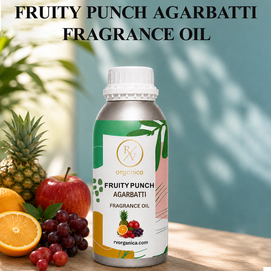 Fruit Punch Agarbatti Fragrance Oil in a premium aluminium bottle with a vibrant tropical background, showcasing its sweet fruity incense aroma for agarbatti, candles, soaps, perfumes, and home fragrance products. - second image