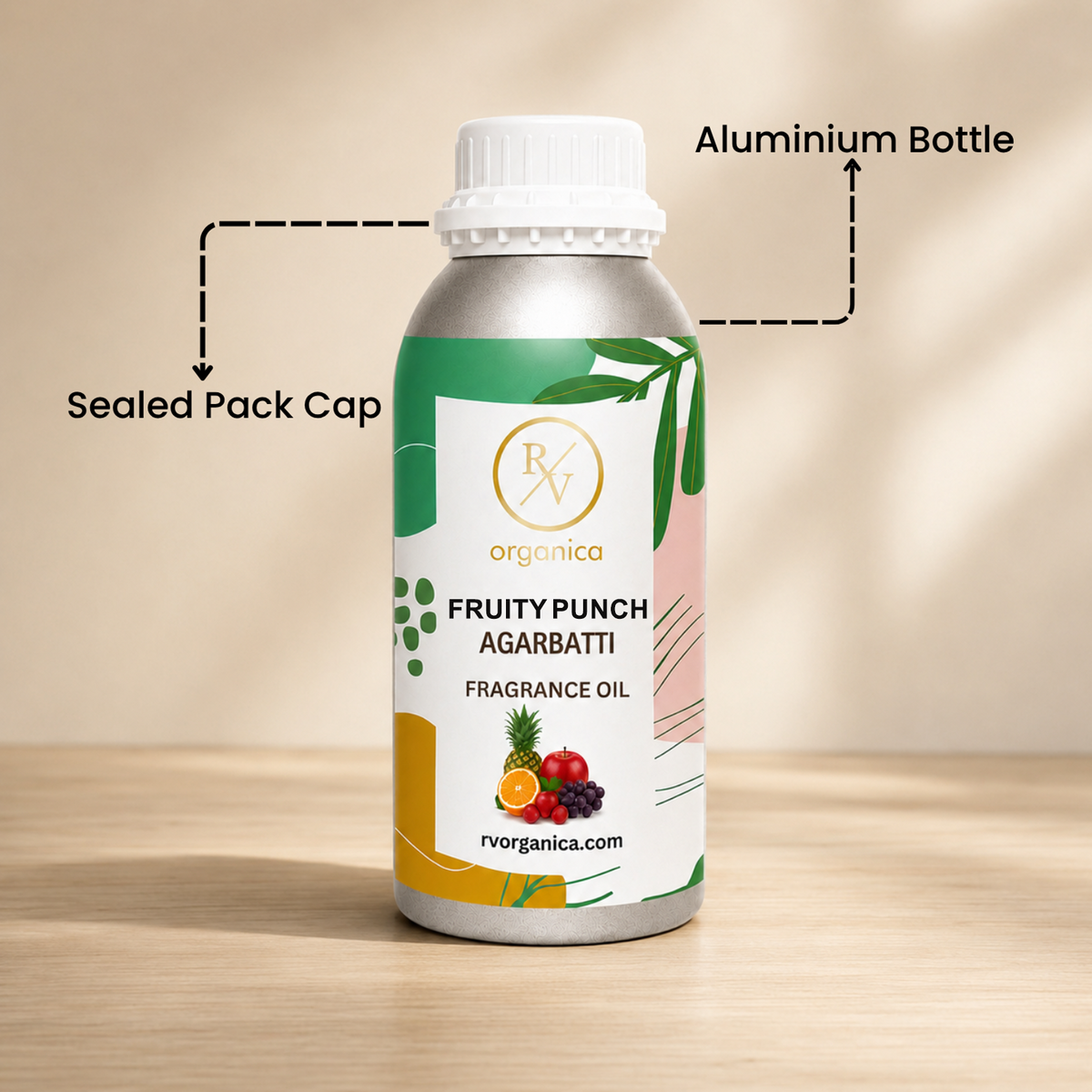 Sealed aluminium bottle of Fruit Punch Agarbatti Fragrance Oil, ensuring purity, freshness, leak-proof packaging, and premium fragrance quality for bulk and personal use.