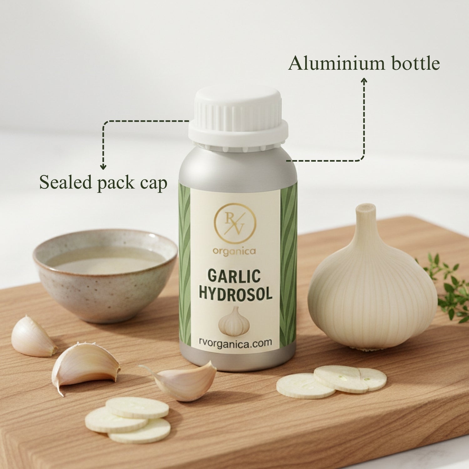 Garlic Hydrosol in aluminium bottle with sealed cap – pure natural garlic floral water for skincare and multipurpose use