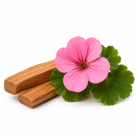 Geranium & Sandalwood Fragrance Oil with a balanced floral and woody aroma, blending fresh geranium and creamy sandalwood notes for candles, soaps, perfumes, and personal care products.