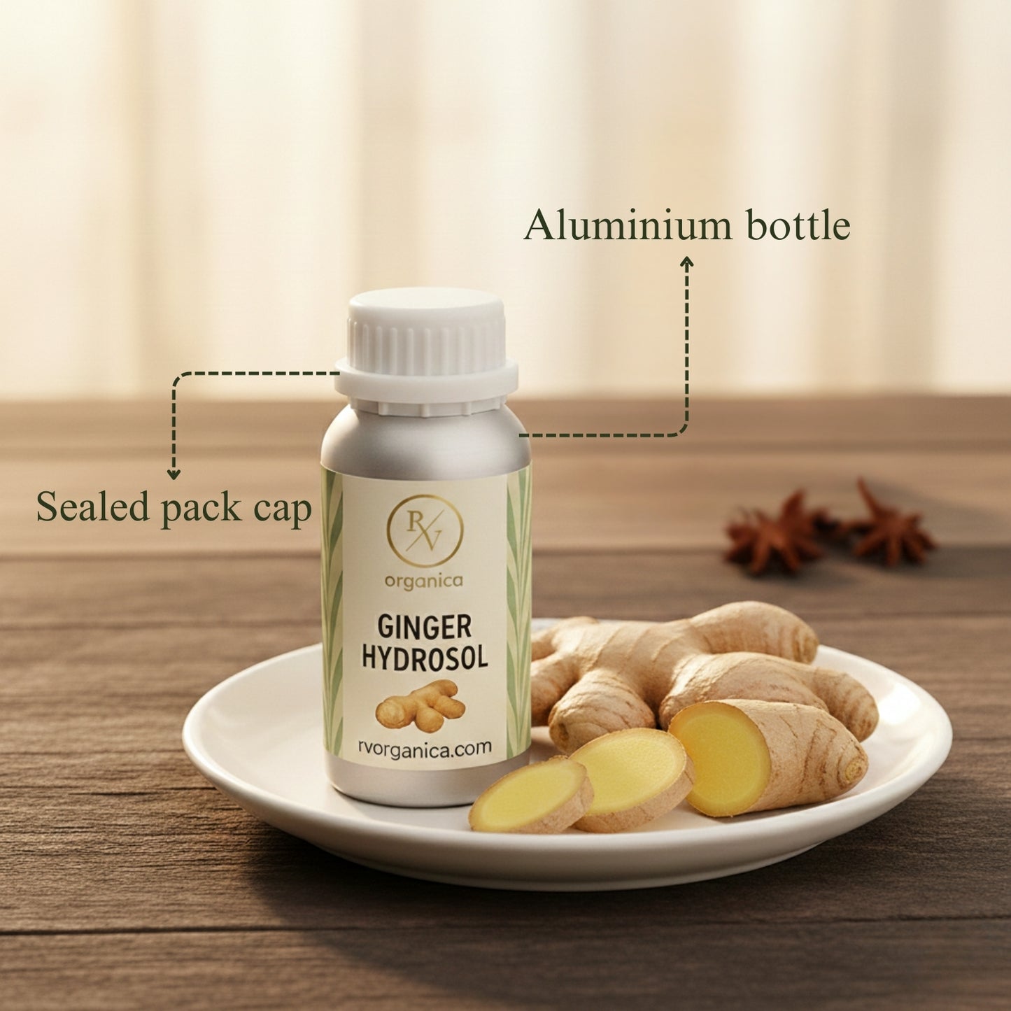 Ginger Hydrosol in aluminium bottle with sealed cap – pure natural ginger floral water for skincare and multipurpose use