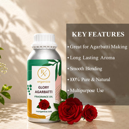 Key features of Glory Agarbatti Fragrance Oil include a rich incense-inspired aroma, long-lasting fragrance, strong scent diffusion, IFRA compliant, premium quality, and multipurpose use for agarbatti, candles, soaps, perfumes, and home fragrance products.