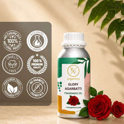 Glory Agarbatti Fragrance Oil in a premium aluminium bottle with quality icons highlighting long-lasting aroma, premium quality, IFRA compliant, cruelty-free, and multipurpose fragrance applications.