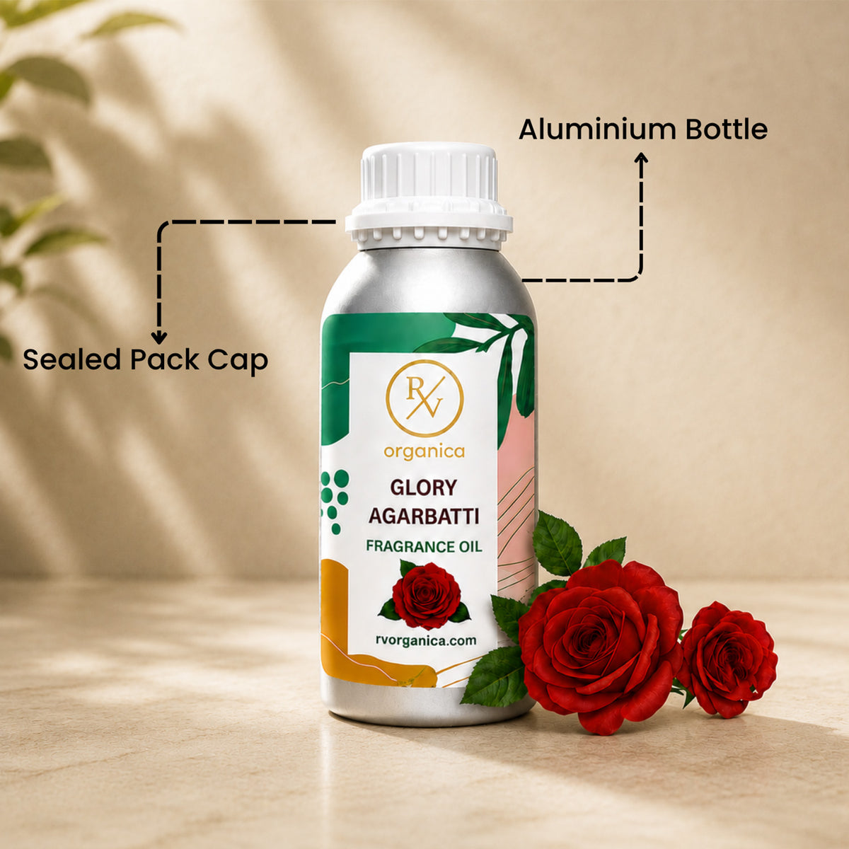Sealed aluminium bottle of Glory Agarbatti Fragrance Oil, ensuring purity, freshness, leak-proof packaging, and premium fragrance quality for bulk and personal use.