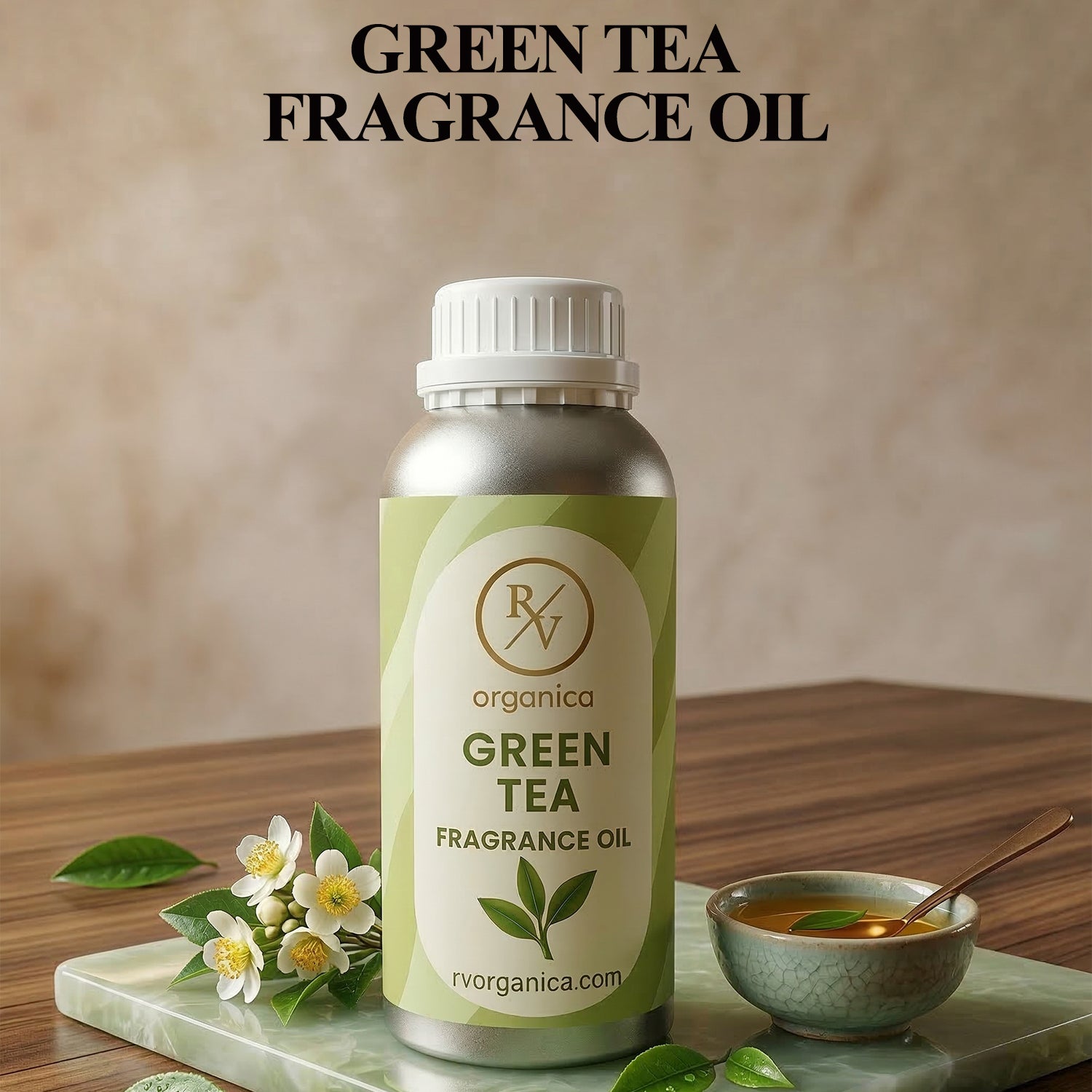 “Green tea fragrance oil bottle with label front view original product”