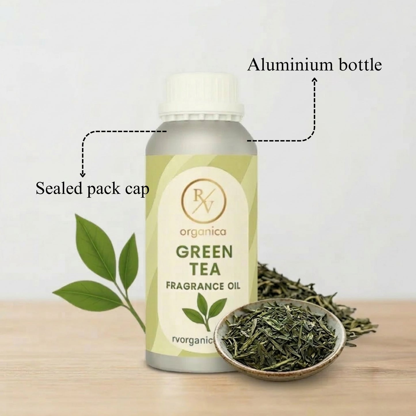 “Green tea fragrance oil sealed aluminium bottle leak proof premium packaging”