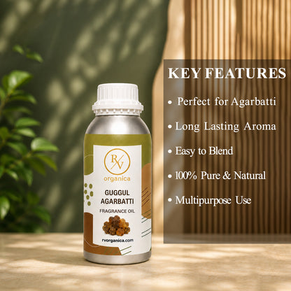 Key features of Gulgul Agarbatti Fragrance Oil include a rich resinous incense aroma, long-lasting fragrance, strong scent diffusion, IFRA compliant, premium quality, and multipurpose use for agarbatti, candles, soaps, perfumes, and home fragrance products.