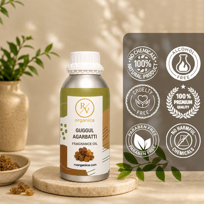 Gulgul Agarbatti Fragrance Oil in a premium aluminium bottle with quality icons highlighting long-lasting aroma, premium quality, IFRA compliant, cruelty-free, and multipurpose fragrance applications.