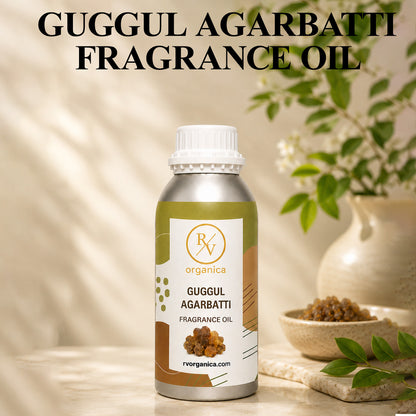 Gulgul Agarbatti Fragrance Oil in a premium aluminium bottle with an elegant background, showcasing its rich resinous incense aroma for agarbatti, candles, soaps, perfumes, and home fragrance products.