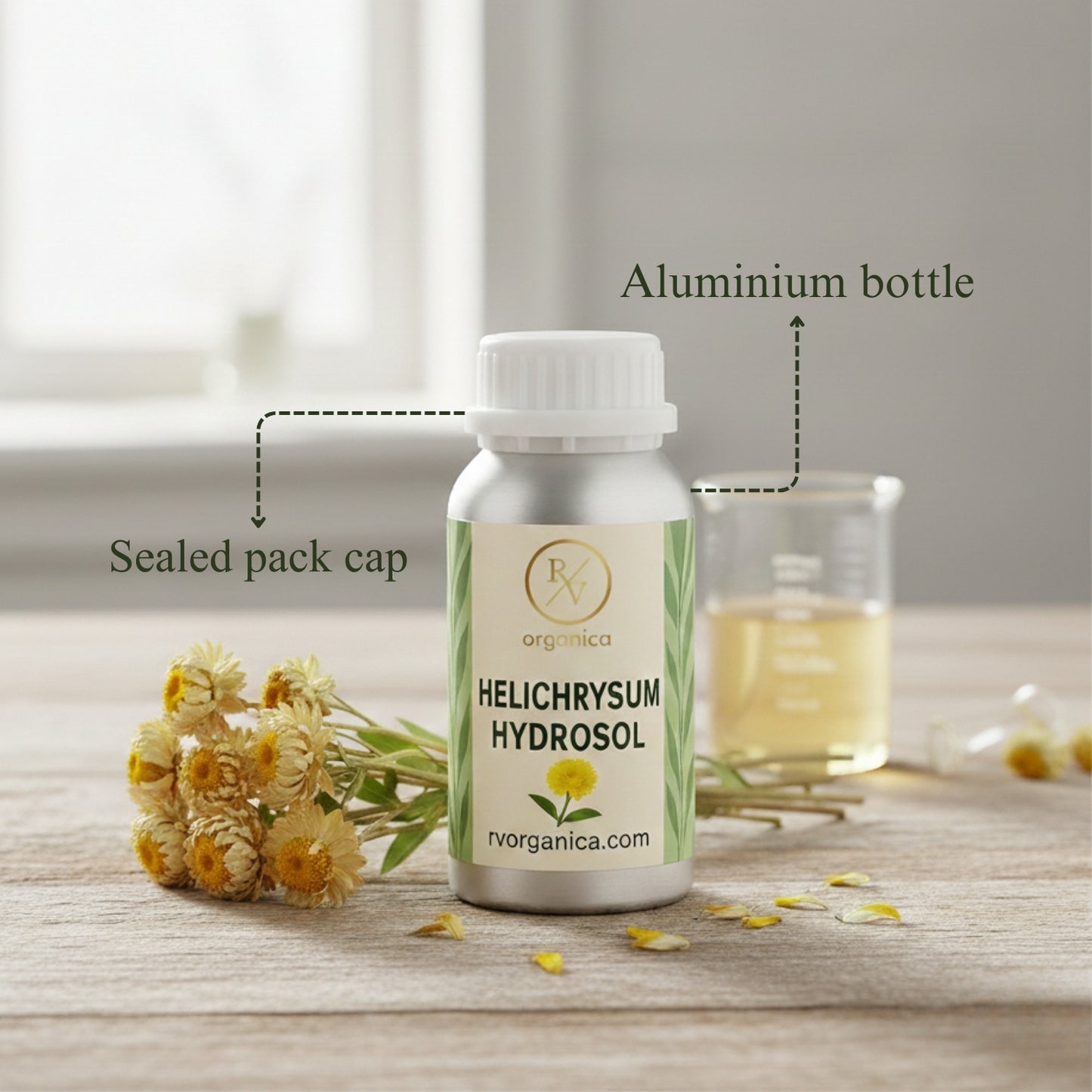 Helichrysum Hydrosol in aluminium bottle with sealed cap by RV Organica, natural steam distilled floral water for face mist and skincare use