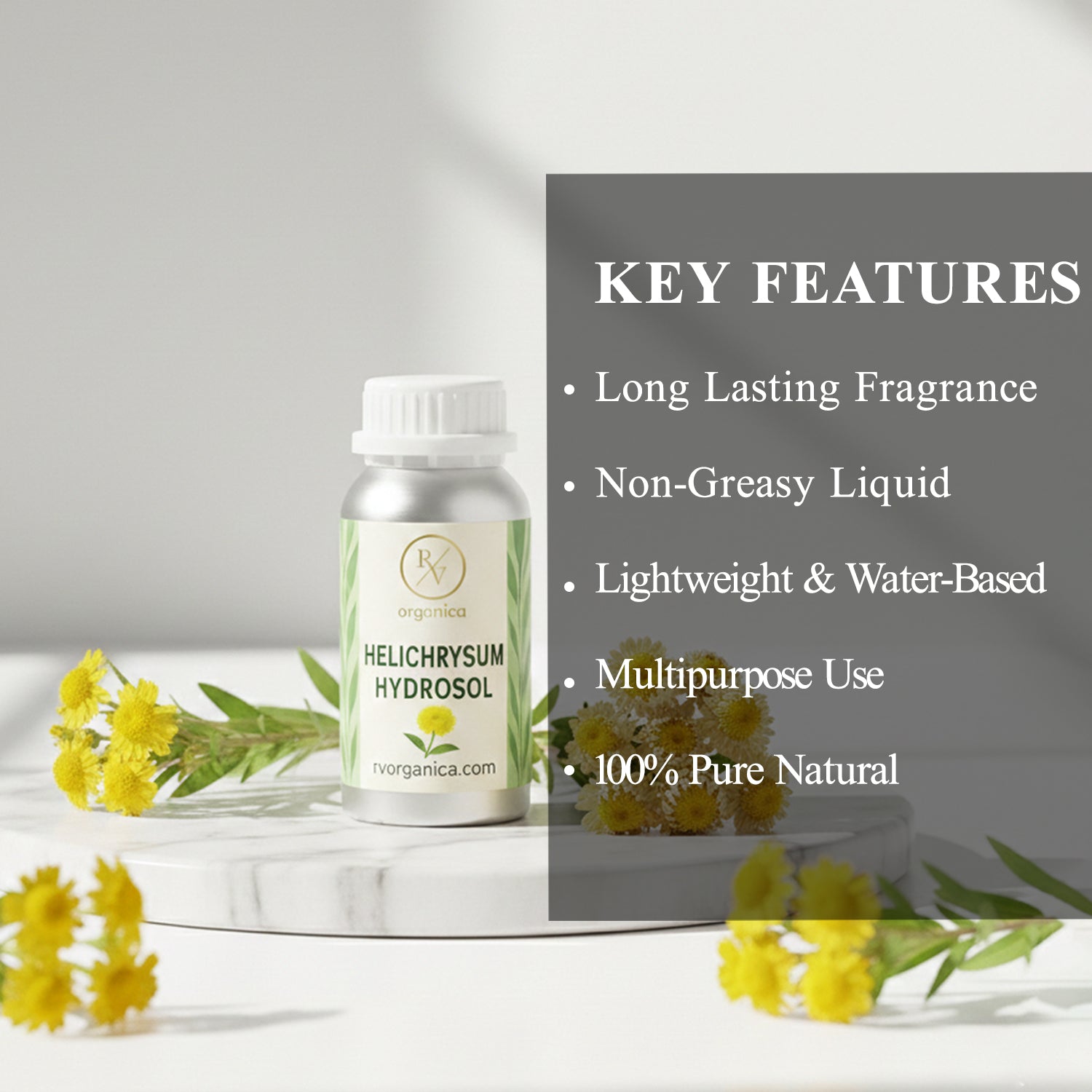 Lightweight water based Helichrysum Hydrosol face mist by RV Organica with non greasy multipurpose skincare benefits