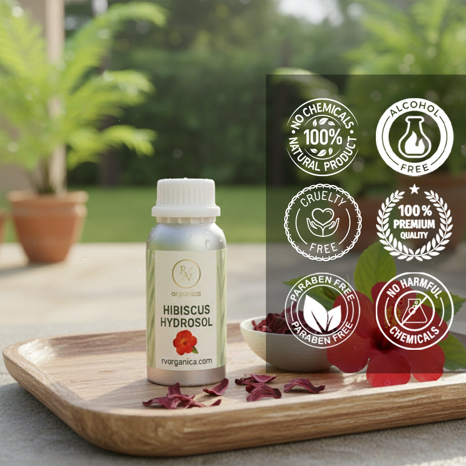 Hibiscus Hydrosol 100 percent natural alcohol free paraben free cruelty free skincare product in premium aluminium packaging