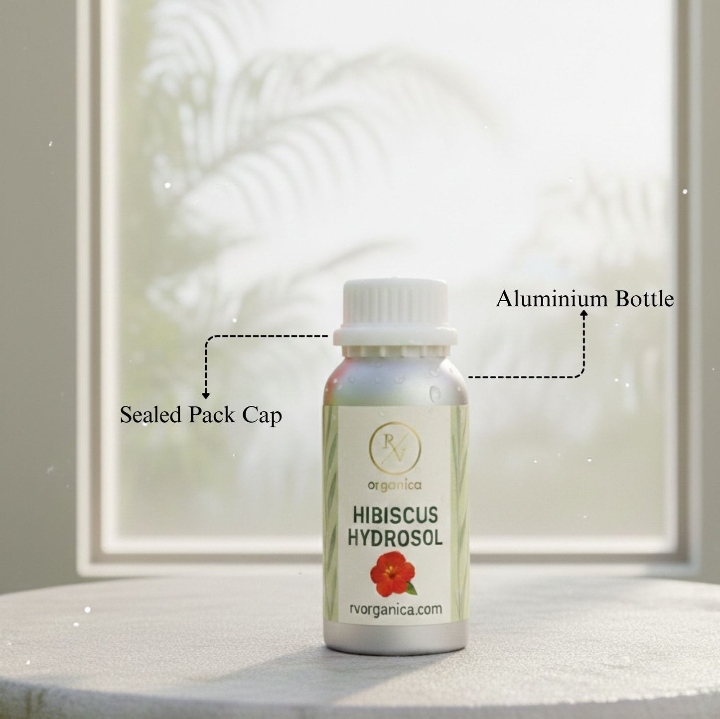 Hibiscus Hydrosol in aluminium bottle with sealed cap by RV Organica, steam distilled natural floral water for face mist and skincare use