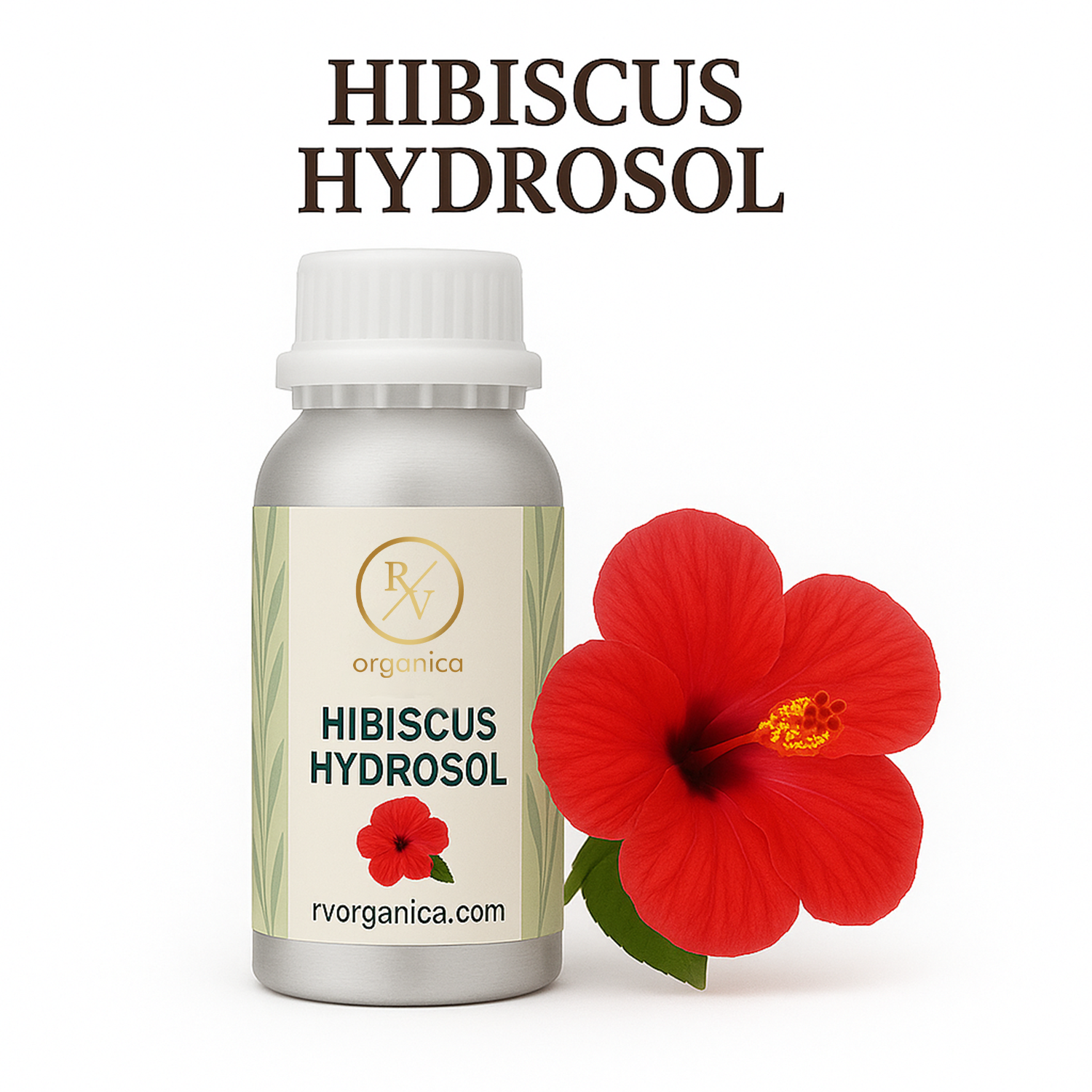 A bottle of Hibiscus Hydrosol with a bright red hibiscus flower next to it, indicating the product name and use for skincare.