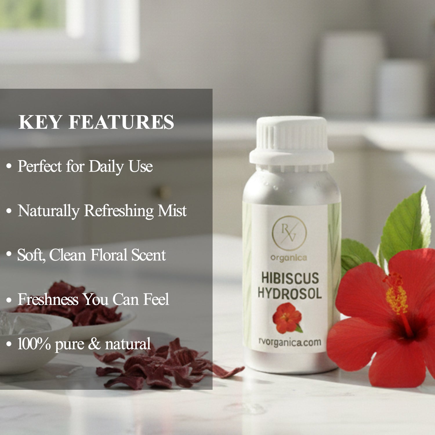 Refreshing Hibiscus Hydrosol face mist with soft floral scent for daily skincare, lightweight water based natural formula