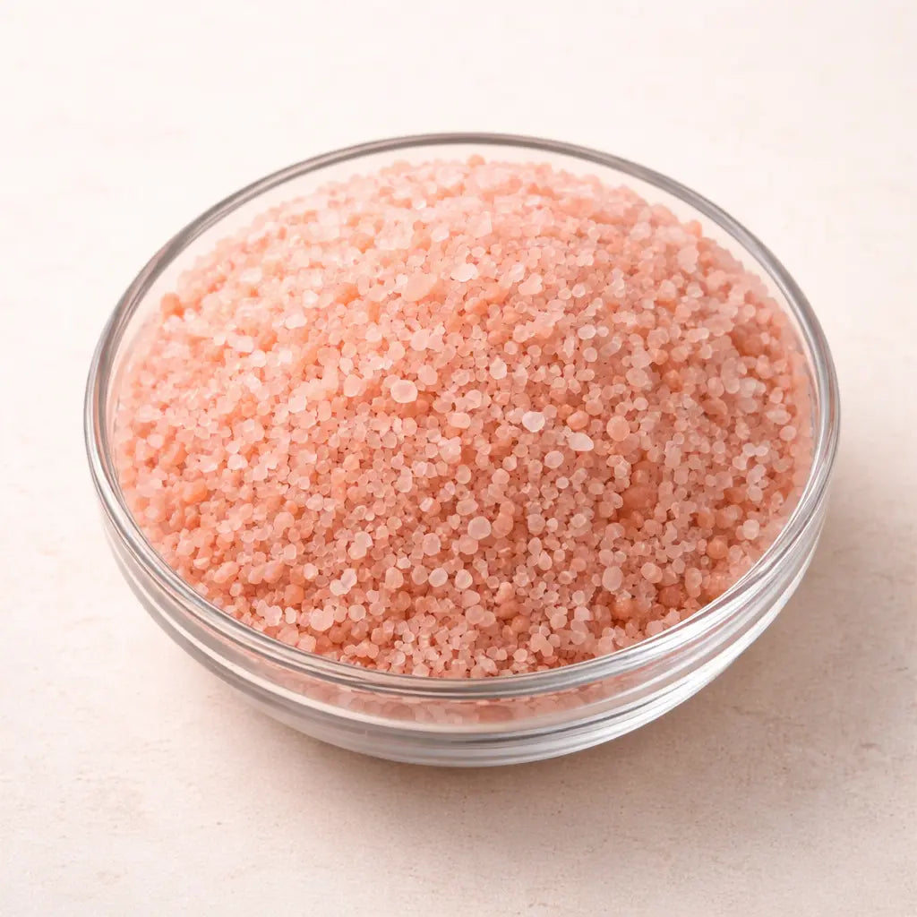Himalayan pink salt crystals in a glass bowl, top view on neutral background
