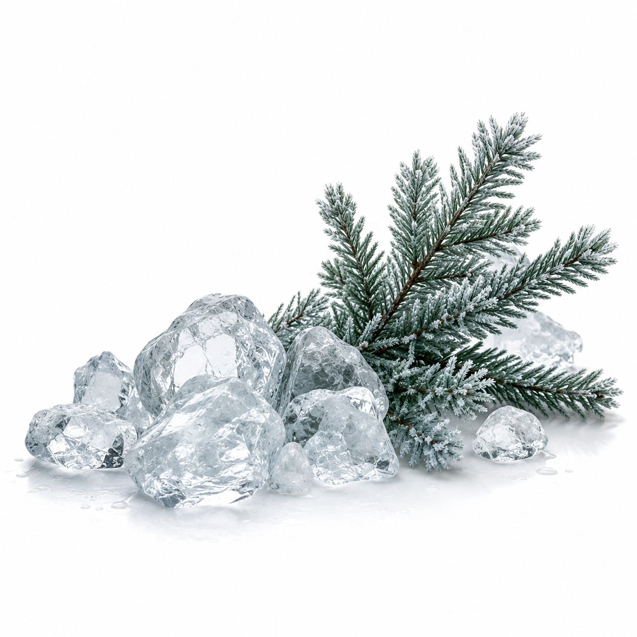 Clear ice crystals and a frosted pine branch arranged on a white background, representing the fresh and cooling notes of Ice Age fragrance.