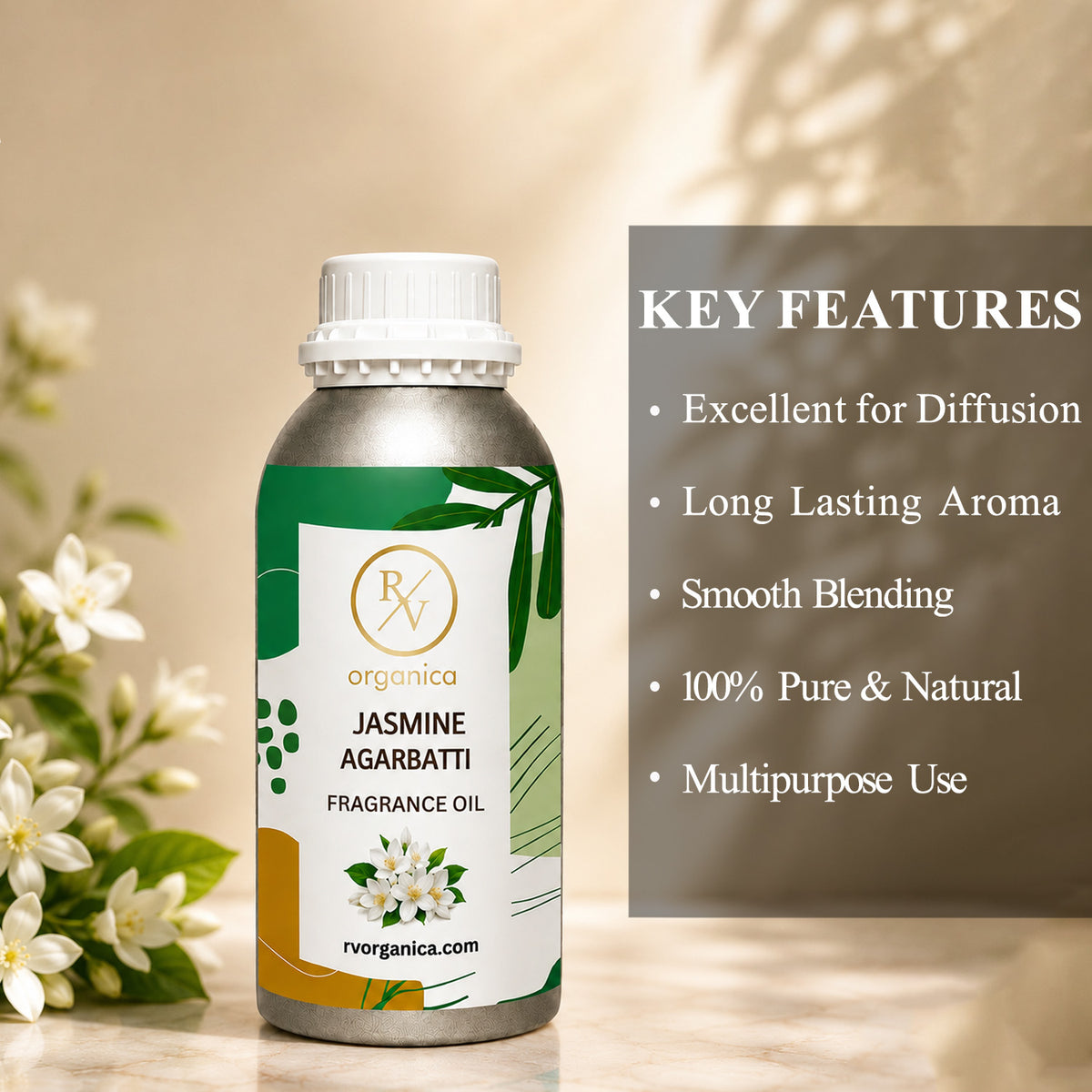 Key features of Jasmine Agarbatti Fragrance Oil include a rich jasmine floral incense aroma, long-lasting fragrance, strong scent diffusion, IFRA compliant, premium quality, and multipurpose use for agarbatti, candles, soaps, perfumes, and home fragrance products.