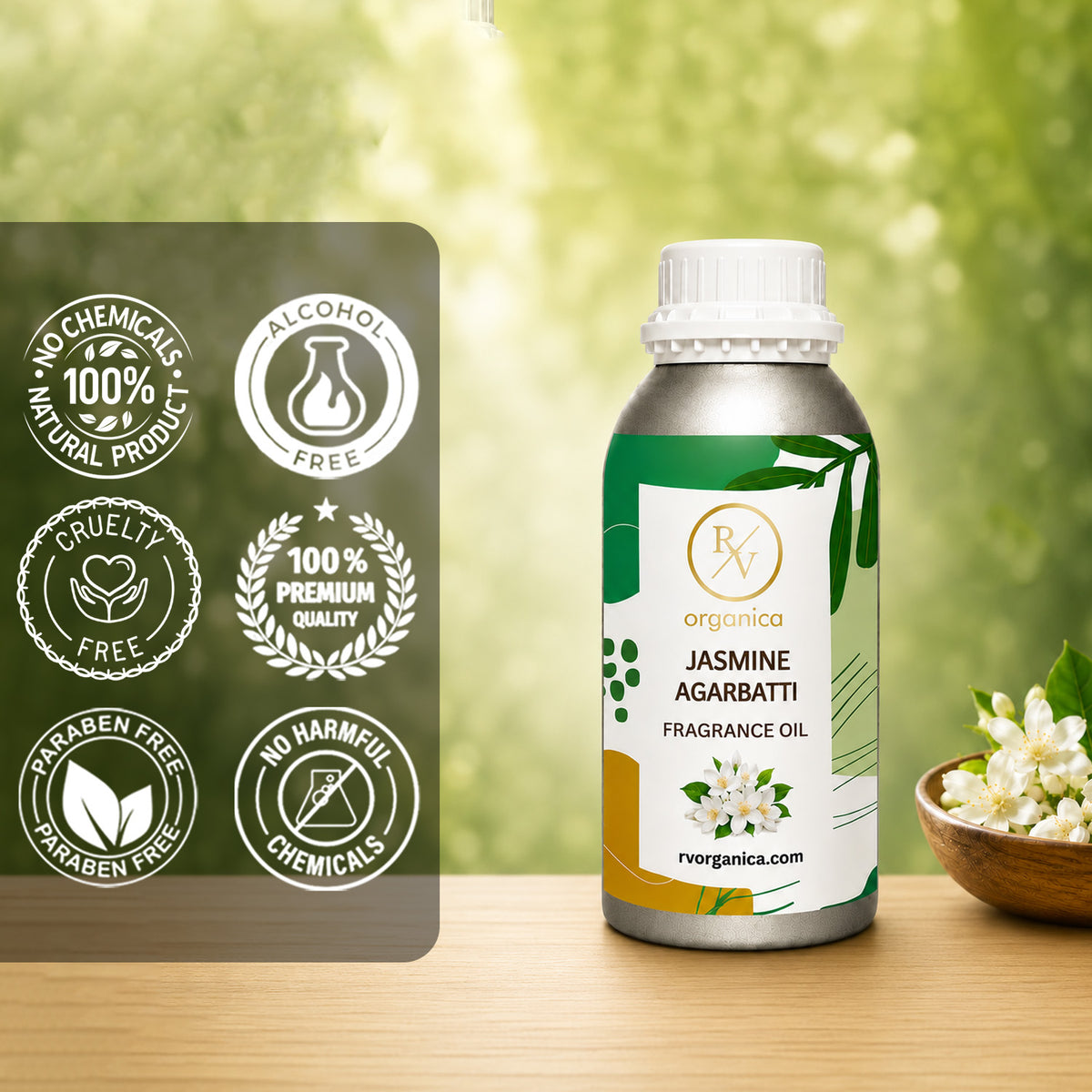 Jasmine Agarbatti Fragrance Oil in a premium aluminium bottle with quality icons highlighting long-lasting aroma, premium quality, IFRA compliant, cruelty-free, and multipurpose fragrance applications.