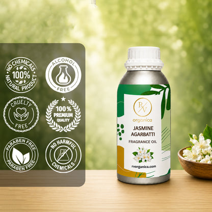 Jasmine Agarbatti Fragrance Oil in a premium aluminium bottle with quality icons highlighting long-lasting aroma, premium quality, IFRA compliant, cruelty-free, and multipurpose fragrance applications.
