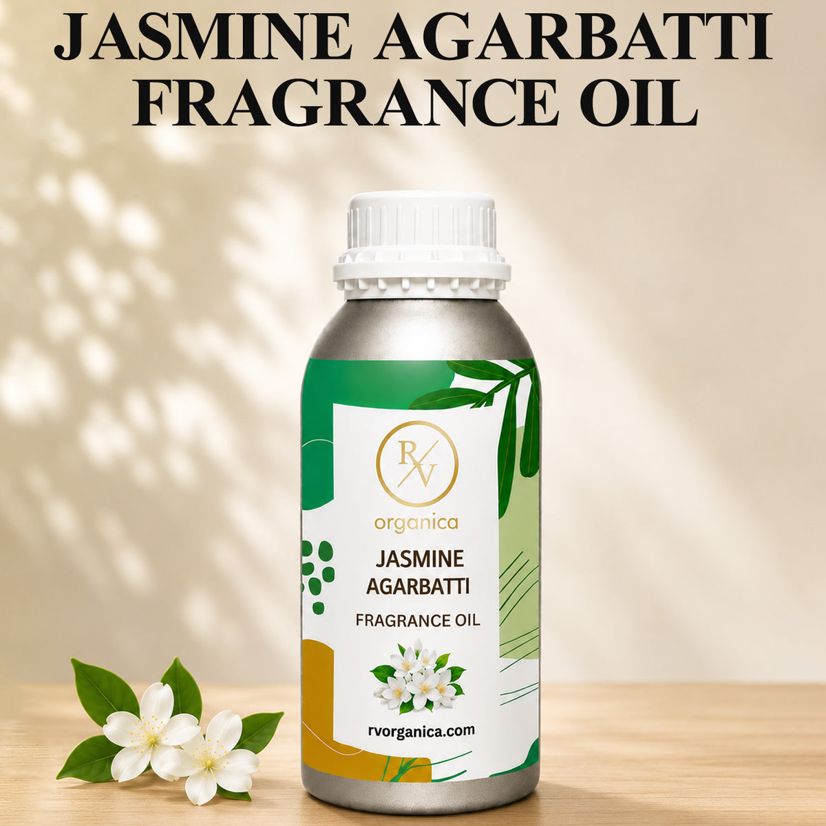 Jasmine Agarbatti Fragrance Oil in a premium aluminium bottle with an elegant floral background, showcasing its rich jasmine-inspired incense aroma for agarbatti, candles, soaps, perfumes, and home fragrance products.