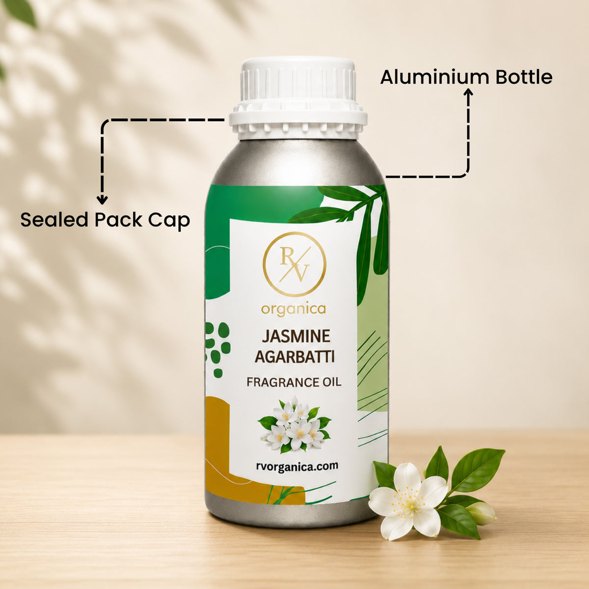 Sealed aluminium bottle of Jasmine Agarbatti Fragrance Oil, ensuring purity, freshness, leak-proof packaging, and premium fragrance quality for bulk and personal use.