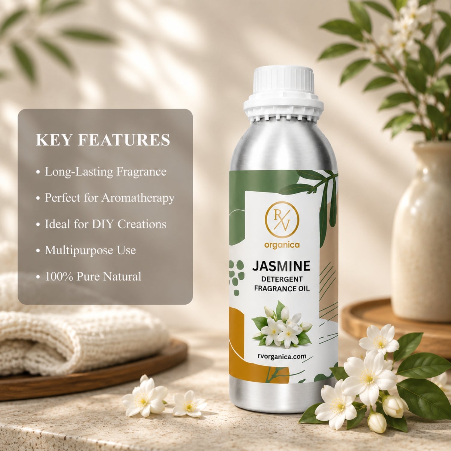 Key features of Jasmine Detergent Fragrance Oil include a fresh jasmine floral laundry aroma, long-lasting fragrance, strong scent retention, IFRA compliant, premium quality, and multipurpose use for detergents, fabric conditioners, soaps, candles, and home fragrance products.