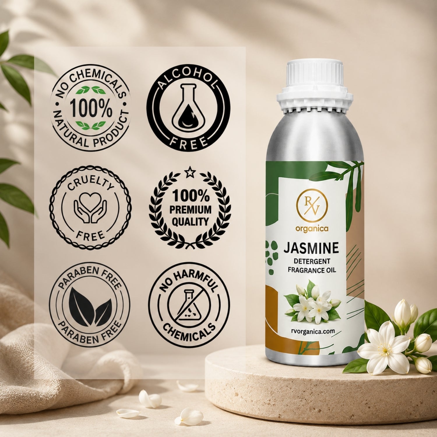Jasmine Detergent Fragrance Oil in a premium aluminium bottle with quality icons highlighting long-lasting fragrance, premium quality, IFRA compliant, cruelty-free, and multipurpose fragrance applications.