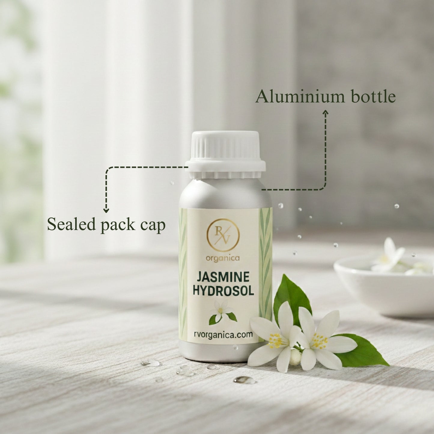 Jasmine Hydrosol in aluminium bottle with sealed cap by RV Organica, steam distilled natural floral water for face mist and skincare use