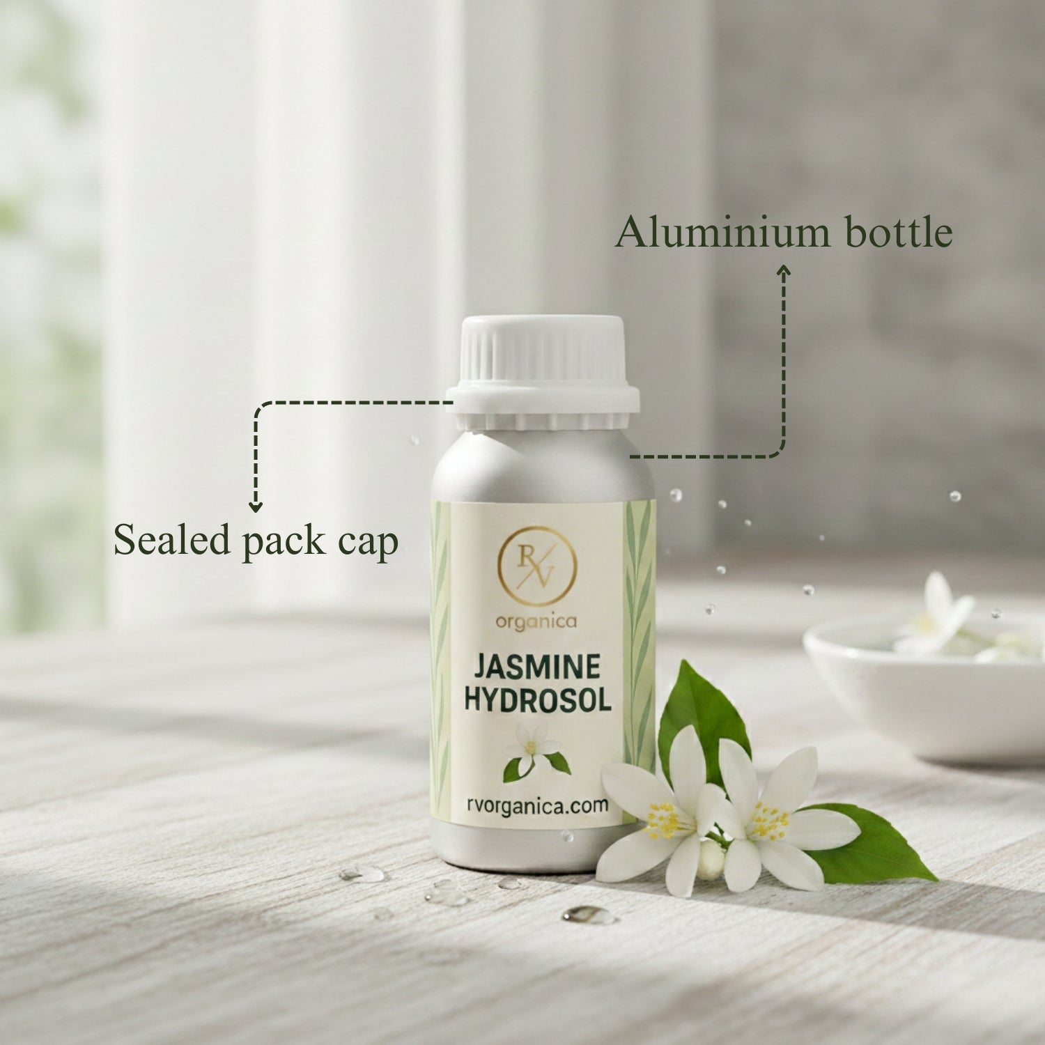 Jasmine Hydrosol in aluminium bottle with sealed cap by RV Organica, steam distilled natural floral water for face mist and skincare use