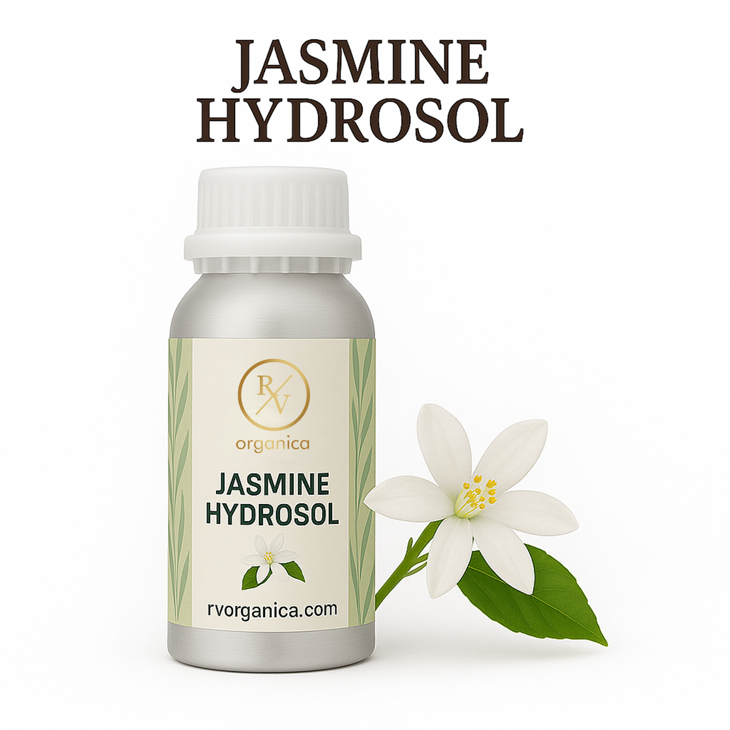 A bottle of Jasmine Hydrosol with a white label, next to a jasmine flower, indicating the product name and website.
