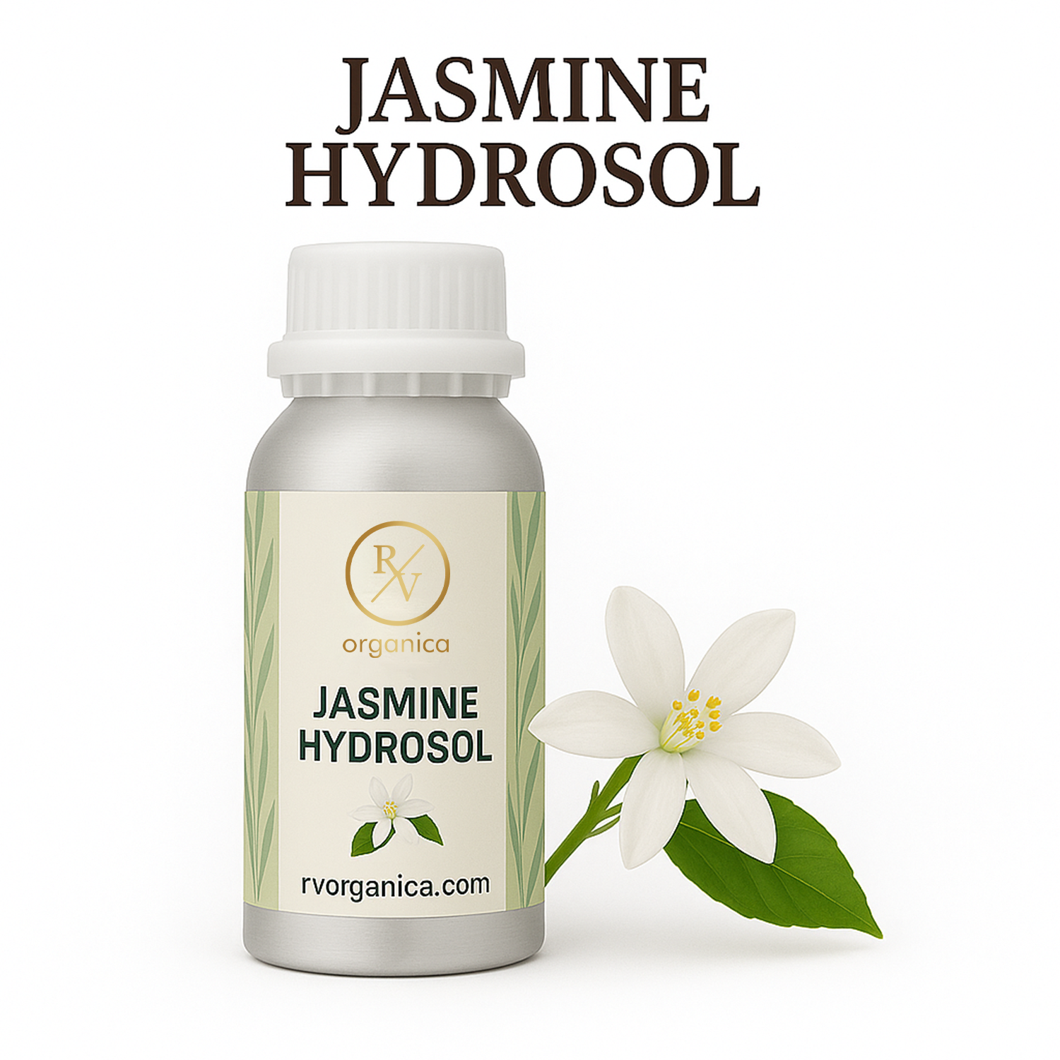 A bottle of Jasmine Hydrosol with a white label, next to a jasmine flower, indicating the product name and website.