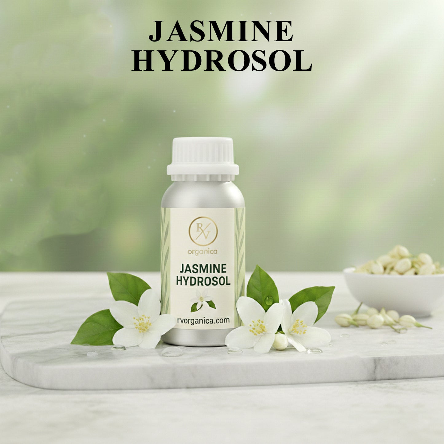 RV Organica Jasmine Hydrosol natural floral water bottle with fresh jasmine flowers for daily face mist and refreshing skincare routine