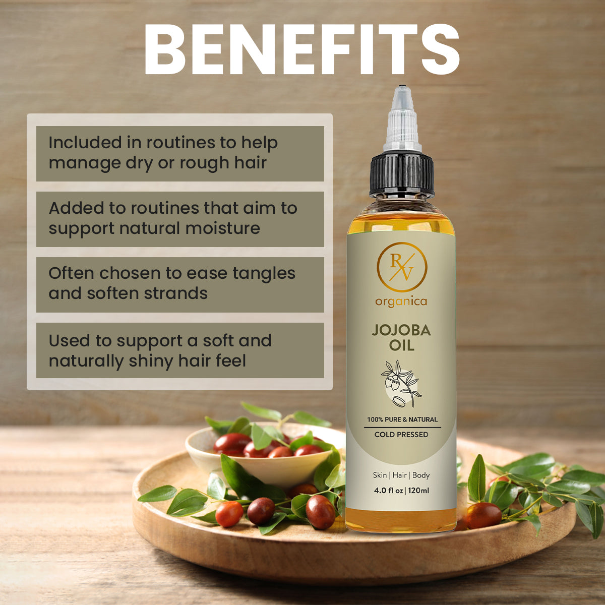RV Organica Jojoba Oil 120ml with jojoba seeds - natural moisture and softness benefits for dry rough hair