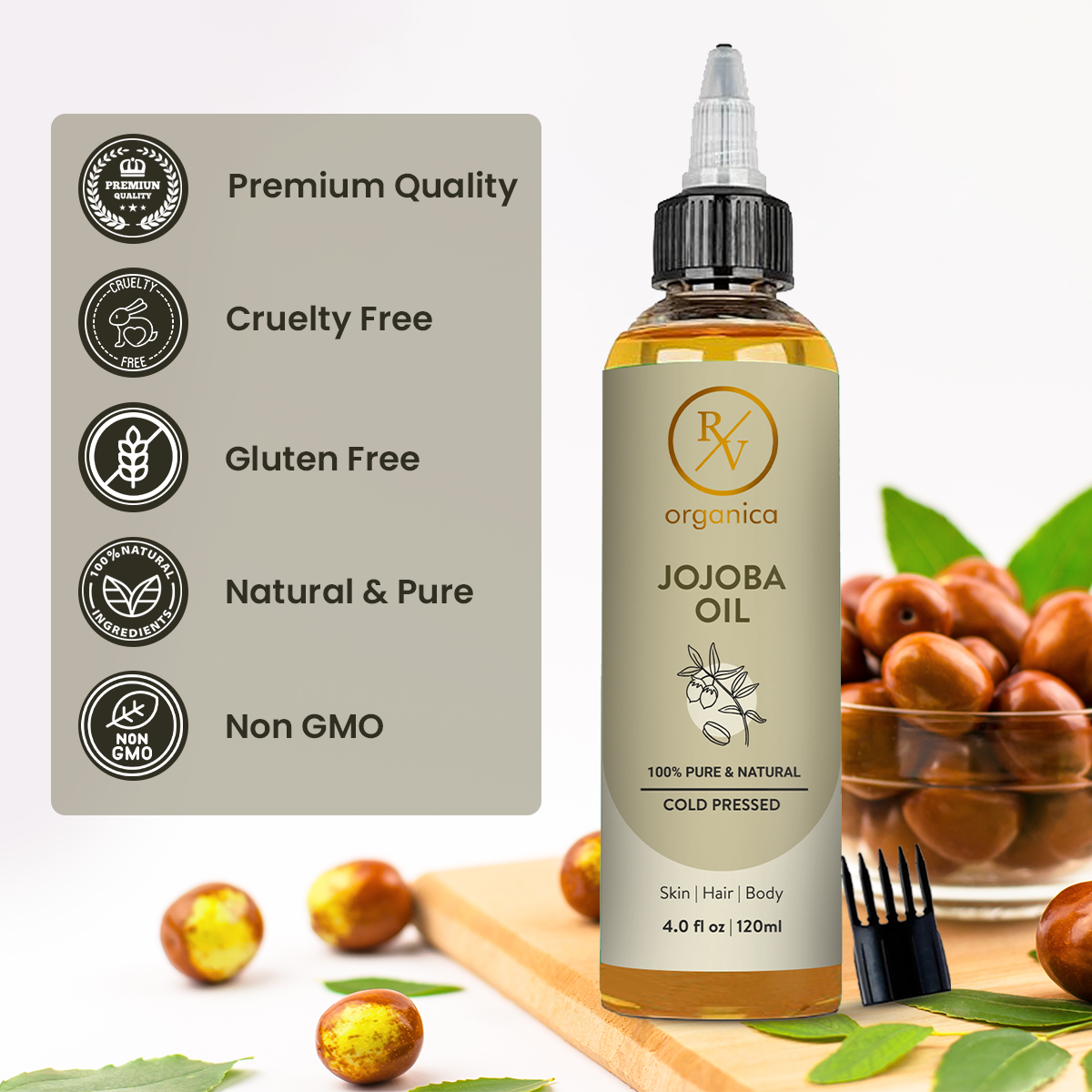RV Organica Jojoba Oil 120ml with jojoba seeds - premium quality, cruelty free, gluten free, natural and non GMO