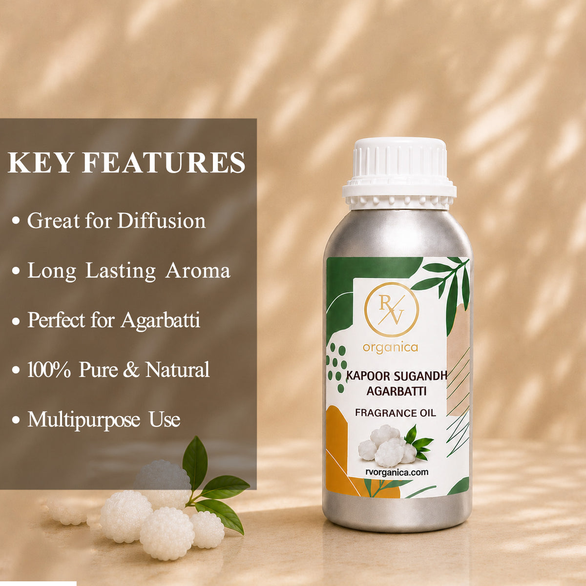 Key features of Kapoor Sugandh Agarbatti Fragrance Oil include a fresh camphor-inspired incense aroma, long-lasting fragrance, strong scent diffusion, IFRA compliant, premium quality, and multipurpose use for agarbatti, candles, soaps, perfumes, and home fragrance products.