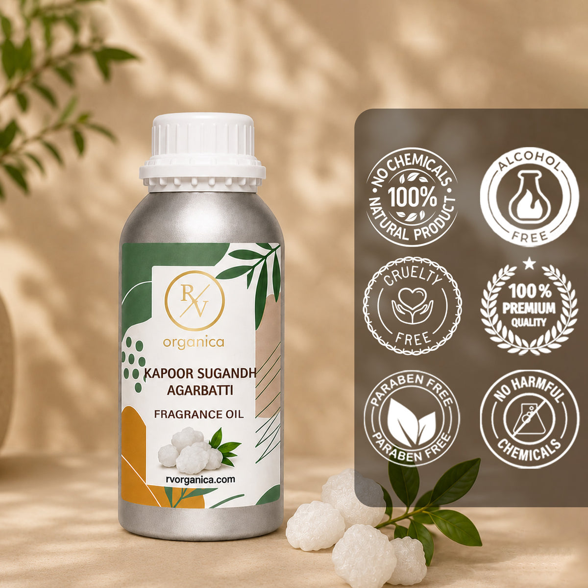 Kapoor Sugandh Agarbatti Fragrance Oil in a premium aluminium bottle with quality icons highlighting long-lasting aroma, premium quality, IFRA compliant, cruelty-free, and multipurpose fragrance applications.