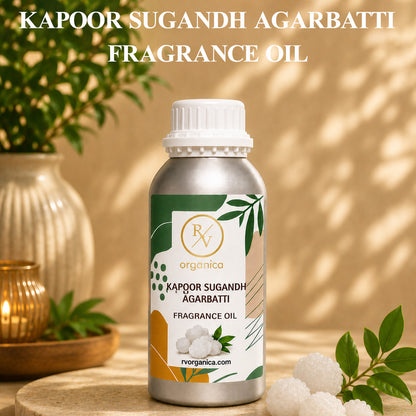 Kapoor Sugandh Agarbatti Fragrance Oil in a premium aluminium bottle with an elegant background, showcasing its fresh camphor-inspired incense aroma for agarbatti, candles, soaps, perfumes, and home fragrance products.