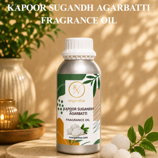 Kapoor Sugandh Agarbatti Fragrance Oil in a premium aluminium bottle with an elegant background, showcasing its fresh camphor-inspired incense aroma for agarbatti, candles, soaps, perfumes, and home fragrance products. - second image