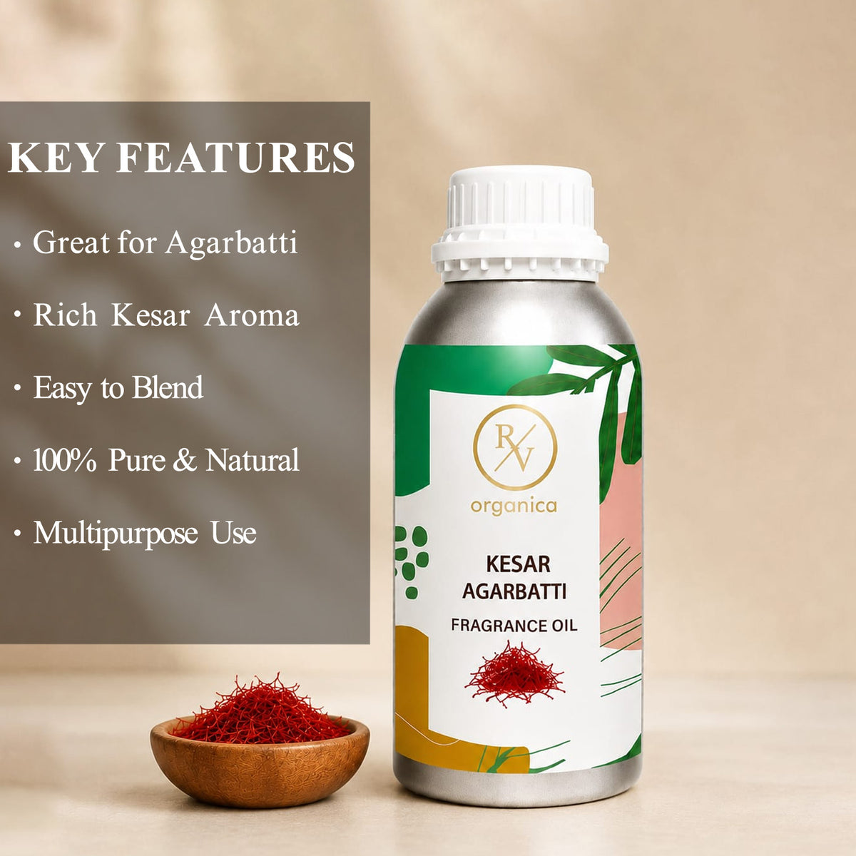 Key features of Kesar Agarbatti Fragrance Oil include a rich saffron-inspired incense aroma, long-lasting fragrance, strong scent diffusion, IFRA compliant, premium quality, and multipurpose use for agarbatti, candles, soaps, perfumes, and home fragrance products.