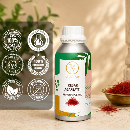 Kesar Agarbatti Fragrance Oil in a premium aluminium bottle with quality icons highlighting long-lasting aroma, premium quality, IFRA compliant, cruelty-free, and multipurpose fragrance applications.