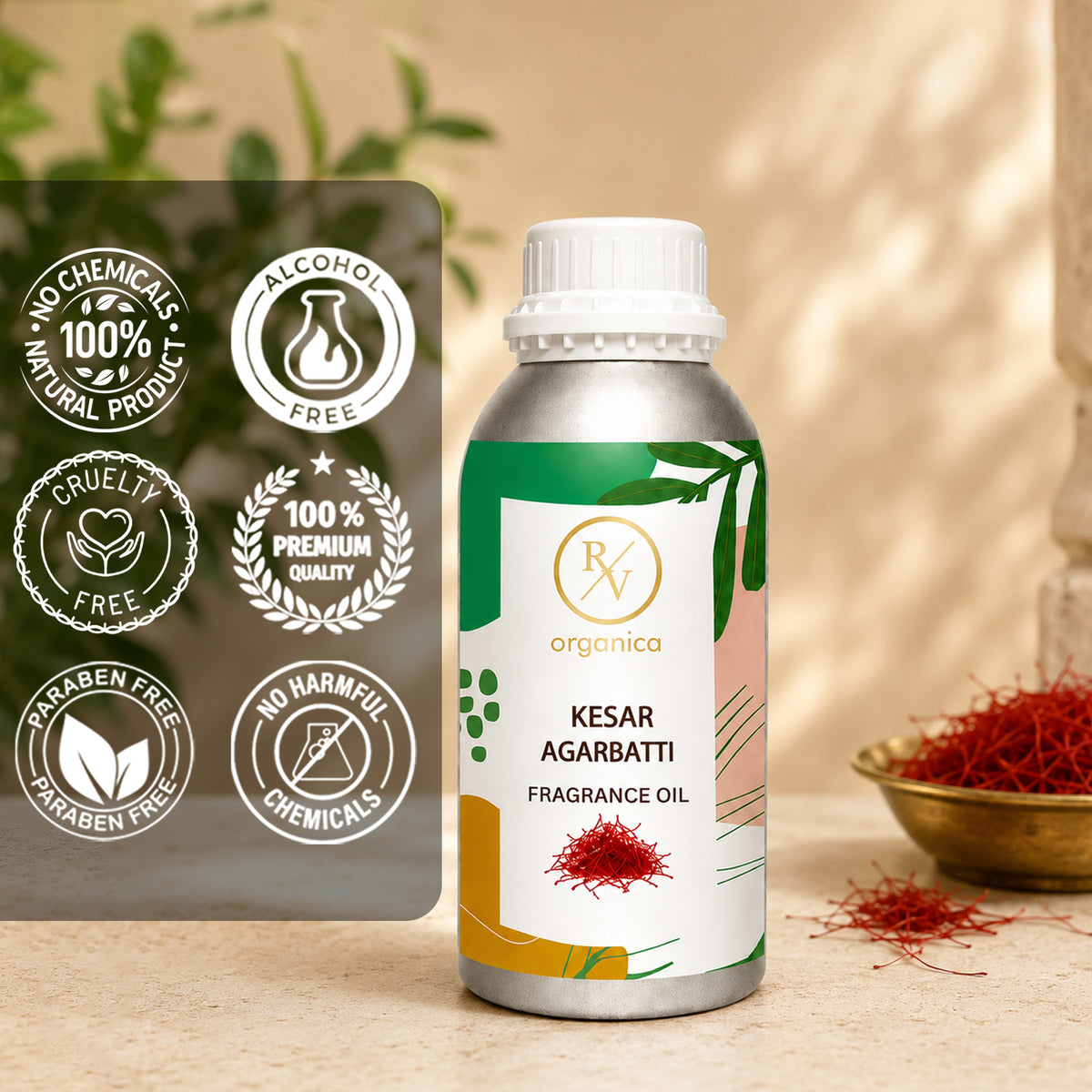 Kesar Agarbatti Fragrance Oil in a premium aluminium bottle with quality icons highlighting long-lasting aroma, premium quality, IFRA compliant, cruelty-free, and multipurpose fragrance applications.
