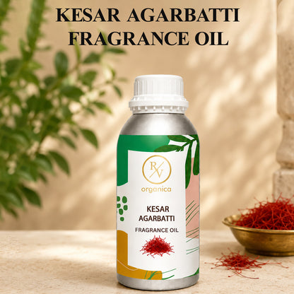 Kesar Agarbatti Fragrance Oil in a premium aluminium bottle with an elegant background, showcasing its rich saffron-inspired incense aroma for agarbatti, candles, soaps, perfumes, and home fragrance products.