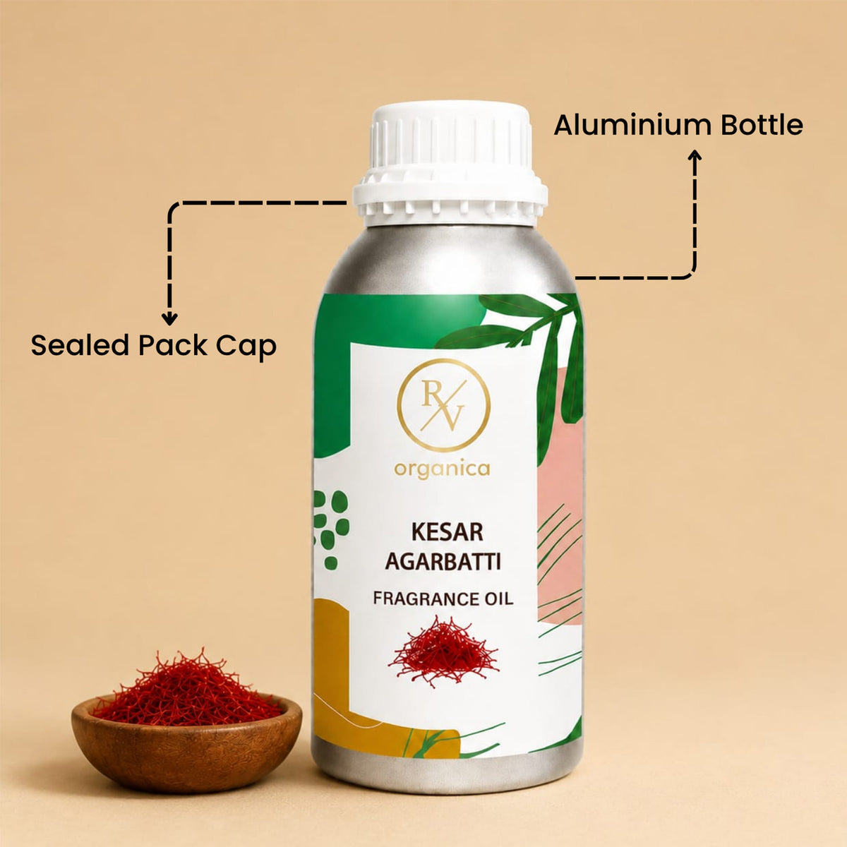 Sealed aluminium bottle of Kesar Agarbatti Fragrance Oil, ensuring purity, freshness, leak-proof packaging, and premium fragrance quality for bulk and personal use.