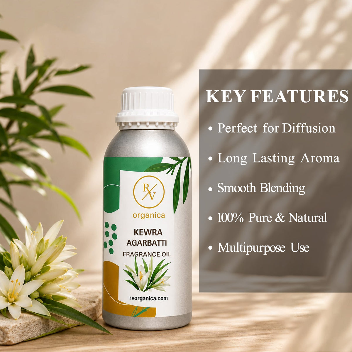 Key features of Kewra Agarbatti Fragrance Oil include a fresh floral kewra incense aroma, long-lasting fragrance, strong scent diffusion, IFRA compliant, premium quality, and multipurpose use for agarbatti, candles, soaps, perfumes, and home fragrance products.