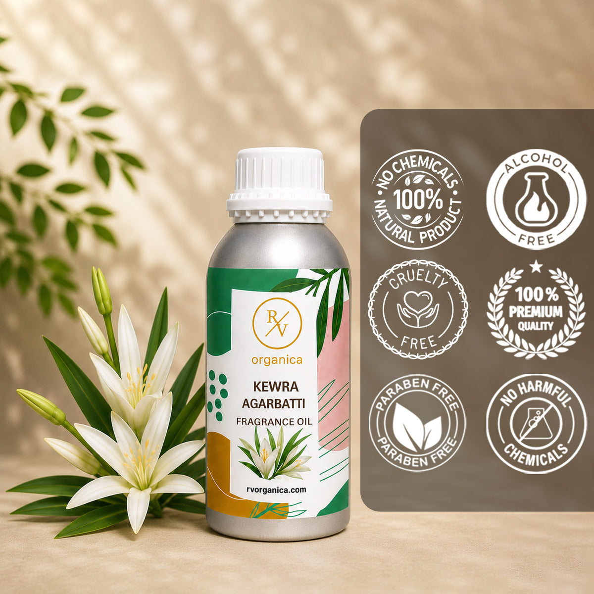 Kewra Agarbatti Fragrance Oil in a premium aluminium bottle with quality icons highlighting long-lasting aroma, premium quality, IFRA compliant, cruelty-free, and multipurpose fragrance applications.